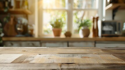 Beautiful wooden table empty and blurry background of a modern interior kitchen