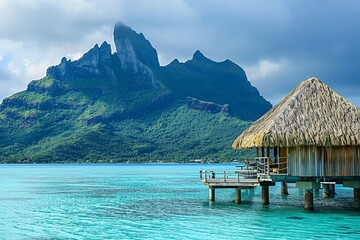 Traditional overwater bungalows overlook a tranquil turquoise lagoon with a majestic mountain backdrop. - obrazy, fototapety, plakaty