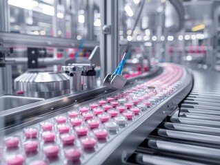 Automated production line with robotic arm handling medicine bottles
