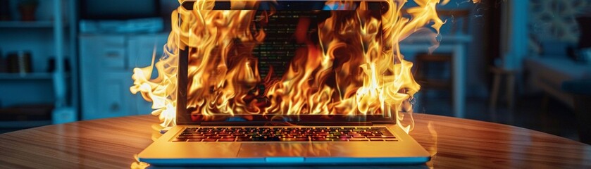Laptop on fire metaphor for overheat or cyber attack - obrazy, fototapety, plakaty