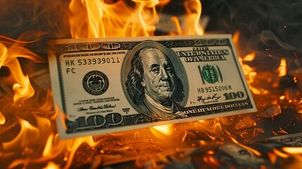 Hundred dollar bill engulfed in flames