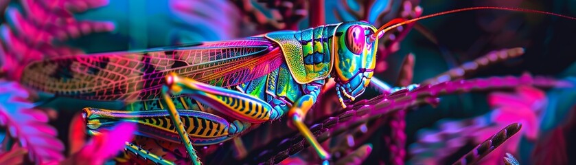 Neon grasshopper vivid digital patterns