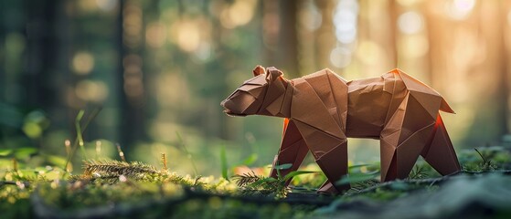 Origami bear in the forest natural light