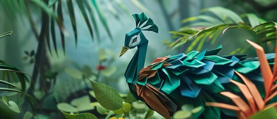 Origami peacock in jungle lush green foliage