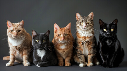 A photoshot group of cats on a plain color background