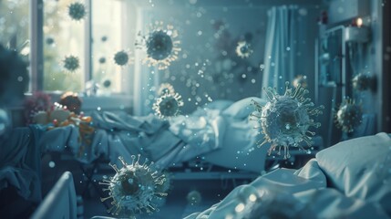 3D rendering of virus floating in a hospital room