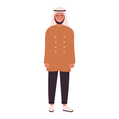 Muslim young student wearing traditional headdress, man standing vector illustration