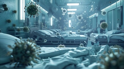 Hospital beds in a room with a virus floating around