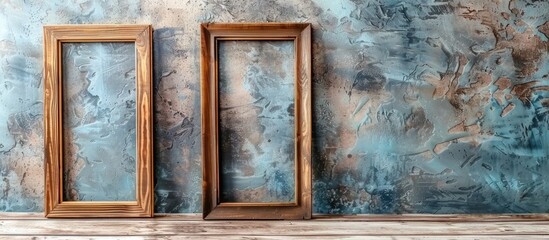 Two wooden frames against blue wall