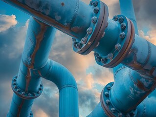 Close-up of blue rusty pipes and flanges with a backdrop of a cloudy sky.