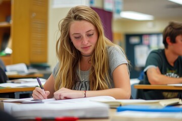 A photo of a high school girl doing homework in a classroom, with long blonde hair and wearing a grey shirt.
