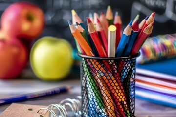 A photo of colorful pencils in an wire mesh pen holder, on top of school supplies like books and apples, with the background featuring chalkboard drawings and whiteboards.
