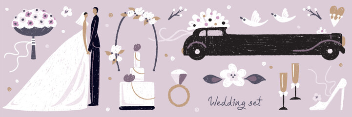 Hand drawn cartoon wedding set with bride, groom, pigeon, wedding cake, wedding car, ring, bouquet isolated on background. Vector illustration