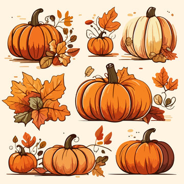 set of pumpkins with leaves and stems