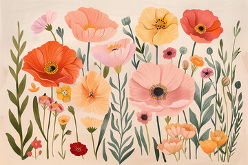 cute background with poppies, spring wallpaper, pastel color