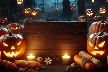 Halloween scene with pumpkins and candles on a wooden sign