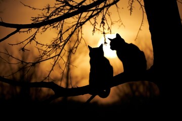 Black cats and bats silhouetted against the moon.