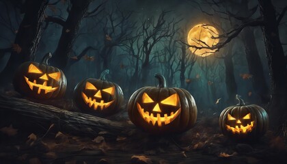 Four pumpkins with scary faces are standing in forest - obrazy, fototapety, plakaty