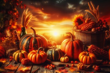basket of pumpkins and corn sits on a table with a sunset in the background