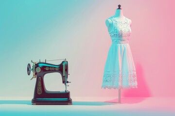A dress is displayed on a table next to a sewing machine