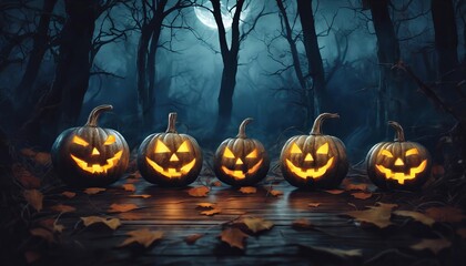 group of pumpkins with their eyes open and smiling - obrazy, fototapety, plakaty