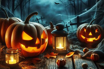 Halloween scene with three pumpkins and a lantern