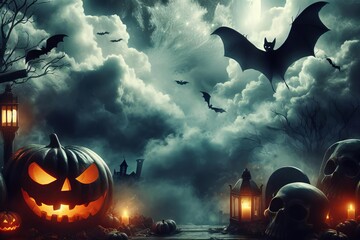 A Halloween scene with bats flying in sky and a pumpkin with a scary face - obrazy, fototapety, plakaty