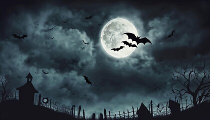 A dark sky with full moon and bats flying around - obrazy, fototapety, plakaty
