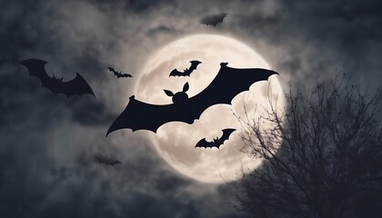 group of bats flying in the sky above a full moon