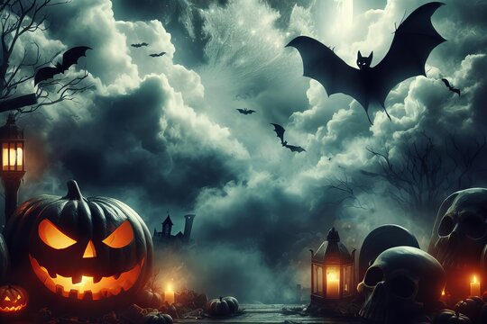 A Halloween scene with bats flying in sky and a pumpkin with a scary face