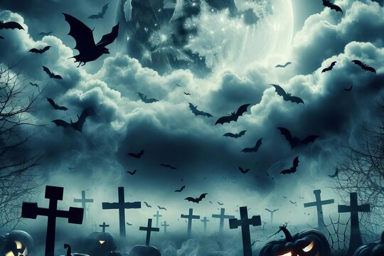 Halloween themed image of bats flying over a graveyard with crosses