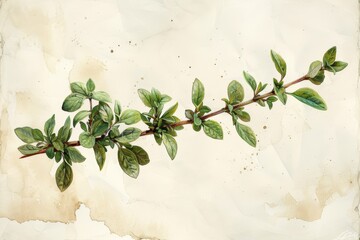 Invigorating Thyme: A sprig of thyme with its tiny leaves and earthy aroma, painted in a realistic watercolor style with soft washes and subtle details on a white background - obrazy, fototapety, plakaty