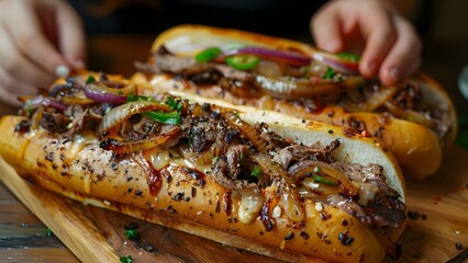 Savoring Cheesesteak Harmony: A Feast of Flavors. Concept Food Photography, Cheesesteak Recipes, Philadelphia Cuisine, Flavorful Creations - obrazy, fototapety, plakaty