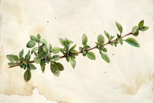 Invigorating Thyme: A sprig of thyme with its tiny leaves and earthy aroma, painted in a realistic watercolor style with soft washes and subtle details on a white background