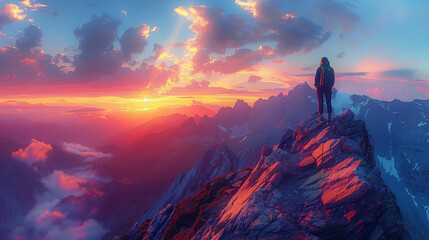 Man standing on top of mountain at sunset. Generative AI