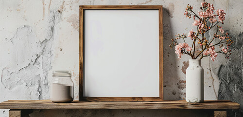 Macro shot of a poster frame mock up on a rustic shelf with mason jar vase.