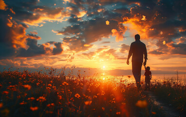 Man and child walking through field at sunset. Generative AI
