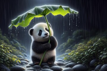 panda bear is holding an umbrella in the rain - obrazy, fototapety, plakaty