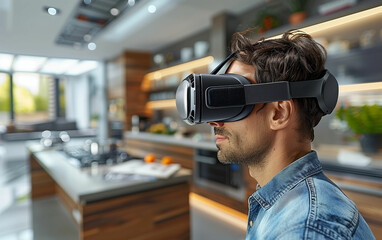 Man with virtual reality headset in kitchen. Generative AI