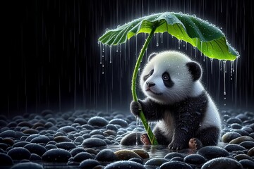 panda bear is sitting on a rock in the rain holding an umbrella