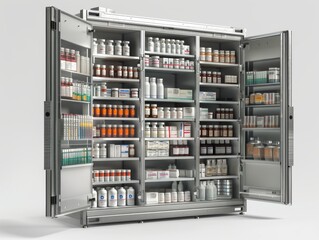 Fully stocked modern medicine cabinet with an array of pharmaceuticals