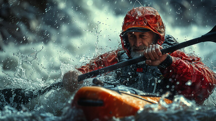 Elderly man paddling kayak in red raincoat. Generative AI