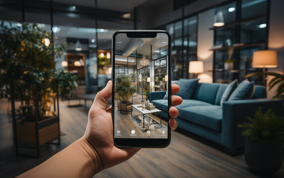 Person holding smartphone taking picture of living room. Generative AI