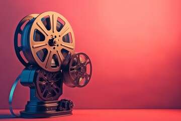 Obraz premium A white film reel sits on a table with a stack of coins