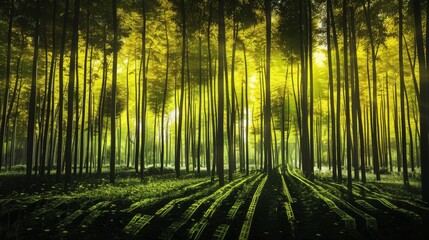 forest colorful sunbeams barcode style, copy and text space, 16:9