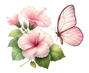 Watercolor illustration of soft pink Hibiscus flowers with Butterfly