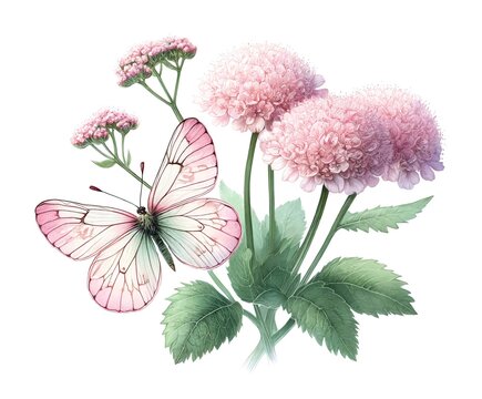 Watercolor illustration of soft pink Knautia flowers with Butterfly