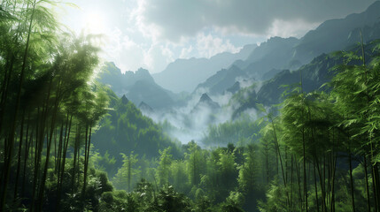 A serene landscape unfolds with bamboo forests, towering mountains, winding rivers, and radiant...