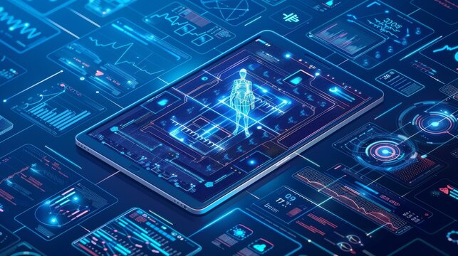 A digital tablet displaying a 3D scan of a human body surrounded by a futuristic interface.