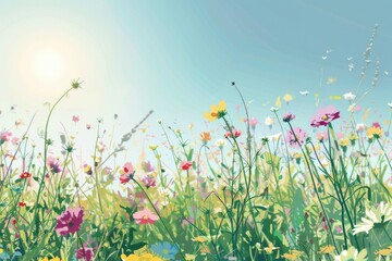 Field Of Flower. Spring Meadow Illustration with Sunny Garden Landscape